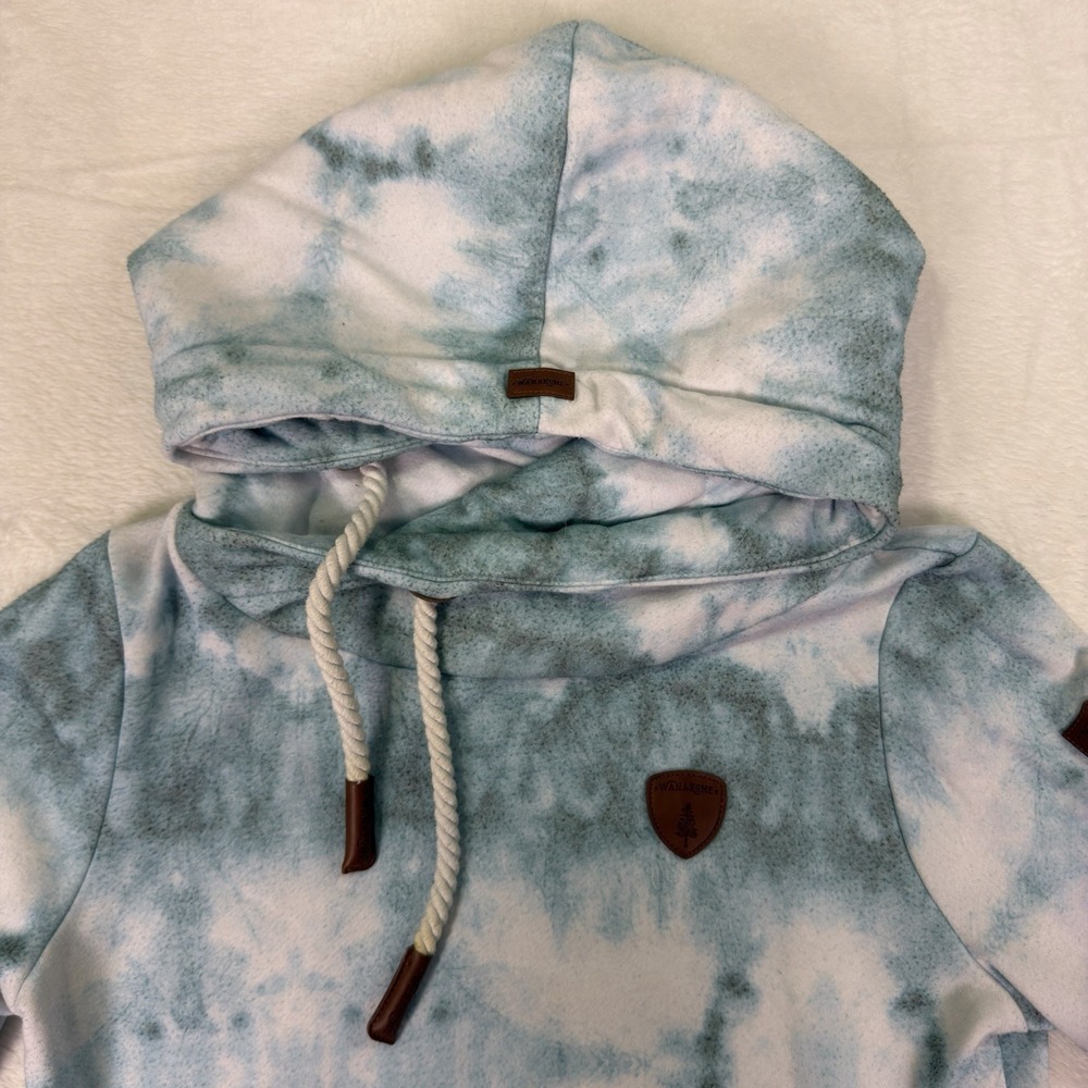 Wanakome Hoodie Sweatshirt Womens Medium Blue Tie Dye Cowl Neck Fleece Pullover - Picture 3 of 11